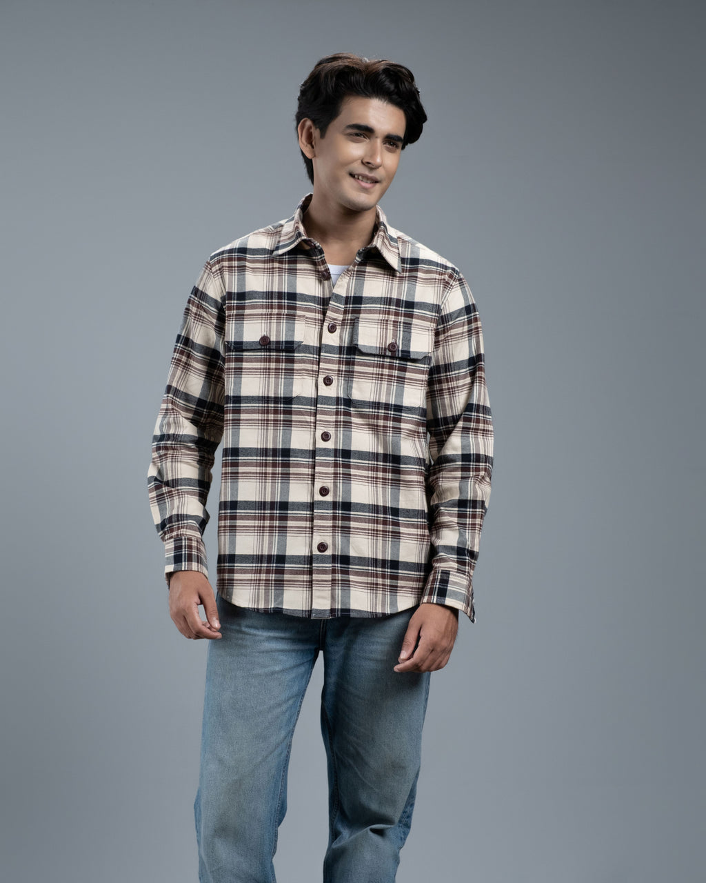 Men's Long Sleeve Classic Curve Overshirt (Ecru Timber Stripe)