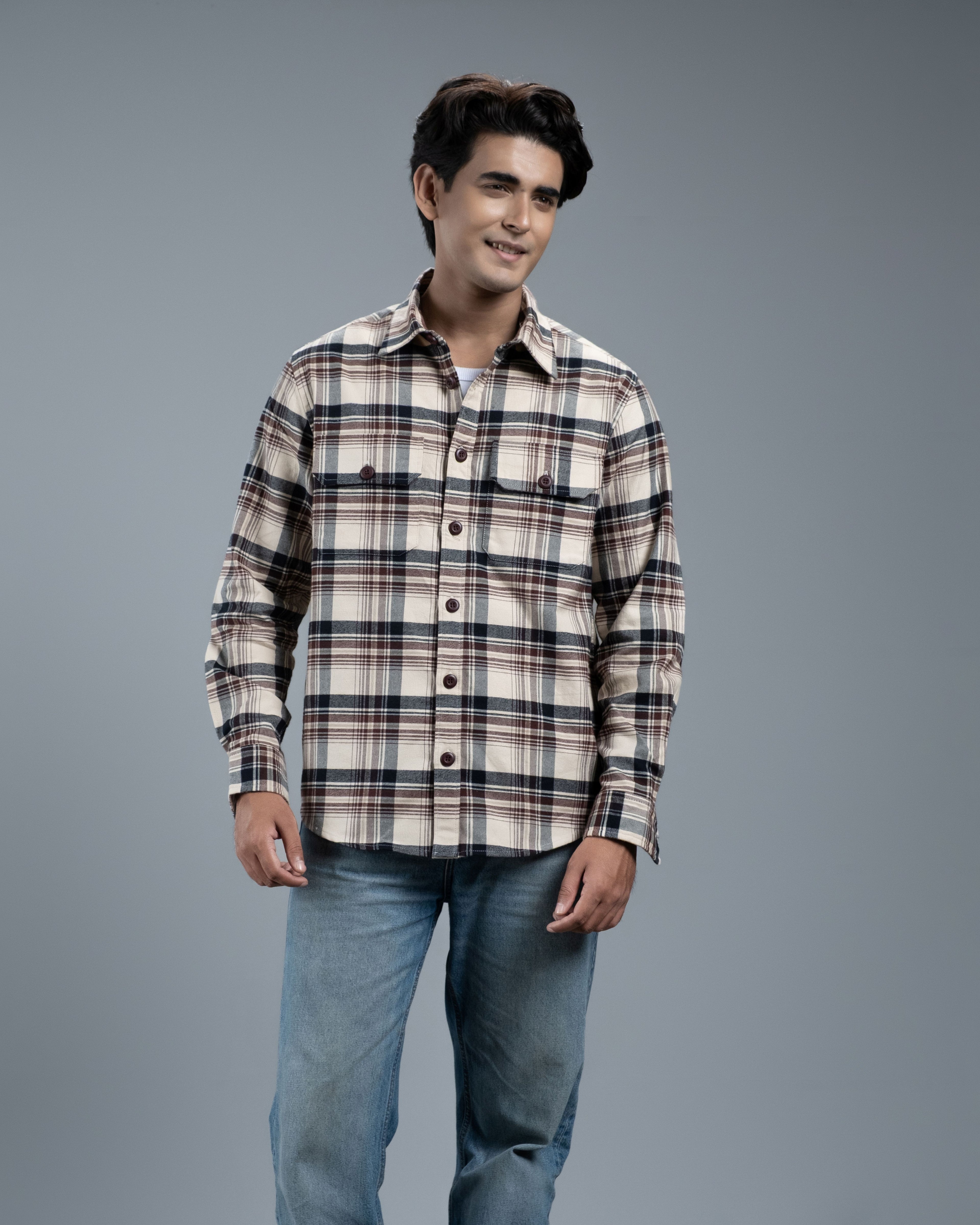 Men's Long Sleeve Classic Curve Overshirt (Ecru Timber Stripe)