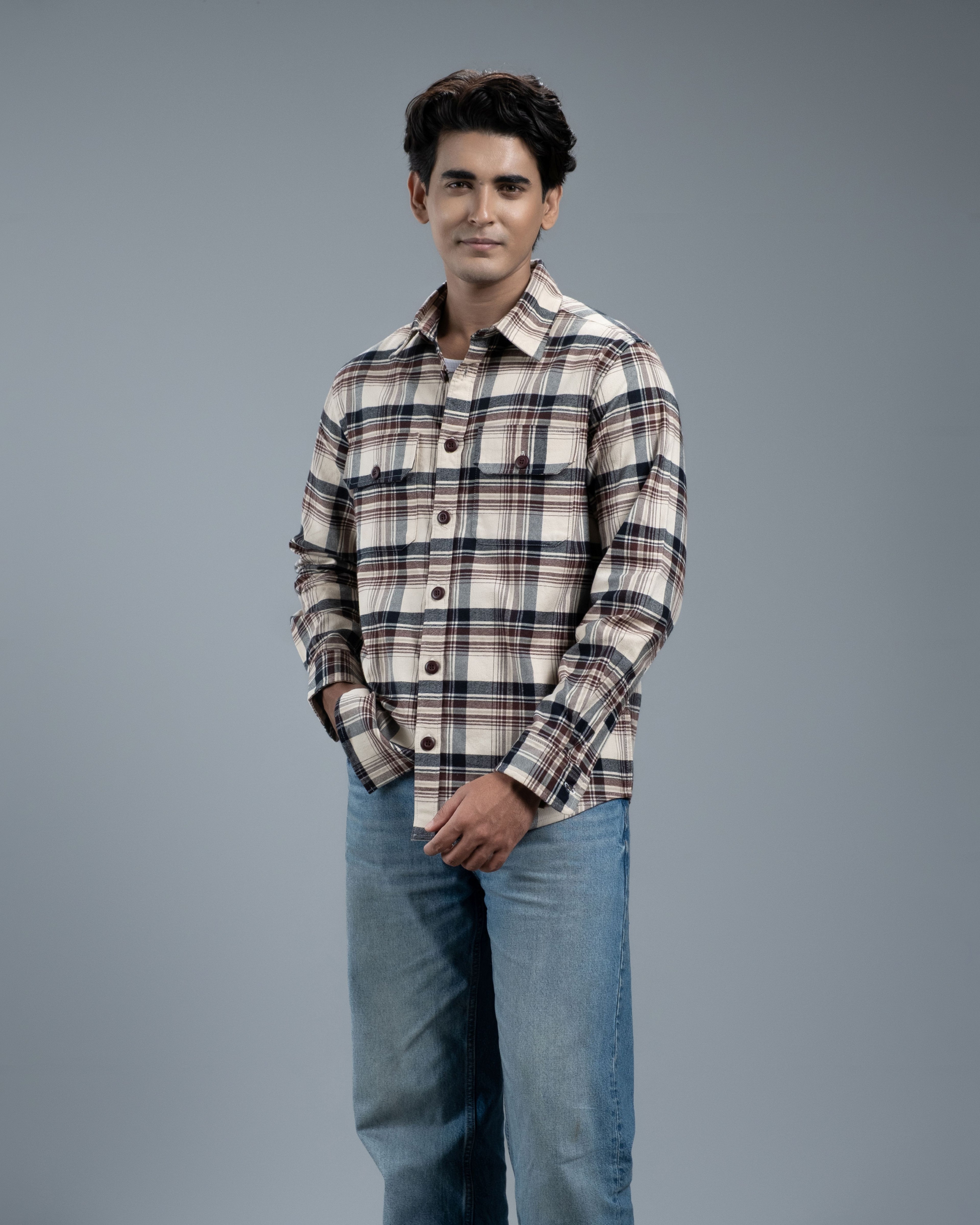 Men's Long Sleeve Classic Curve Overshirt (Ecru Timber Stripe)