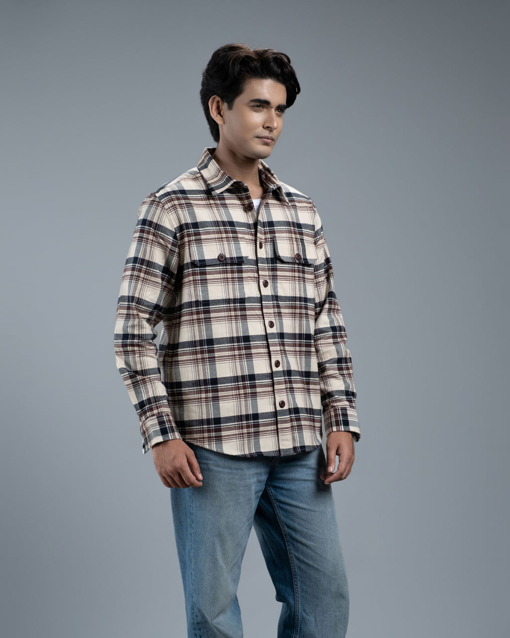 Men's Long Sleeve Classic Curve Overshirt (Ecru Timber Stripe)