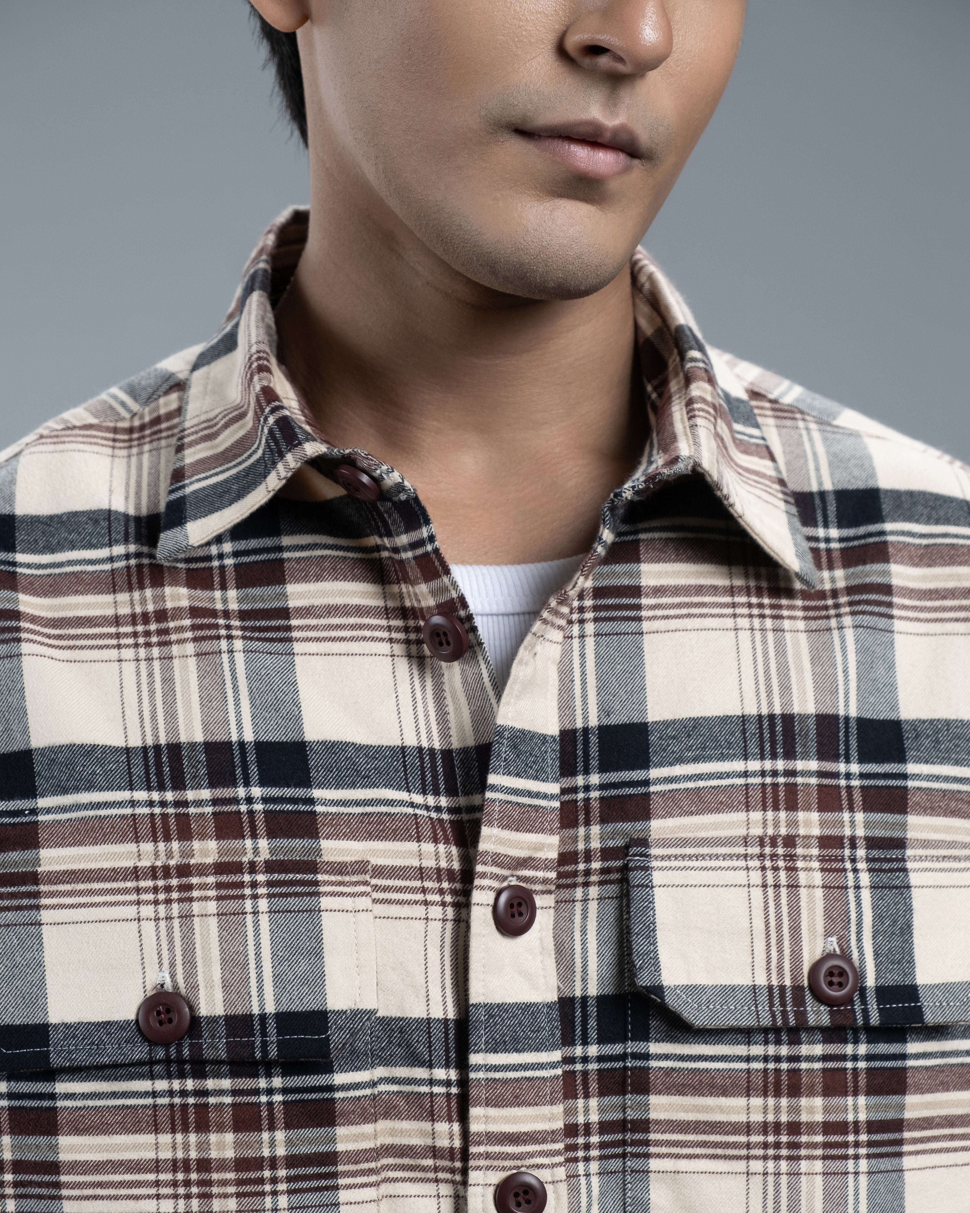 Men's Long Sleeve Classic Curve Overshirt (Ecru Timber Stripe)