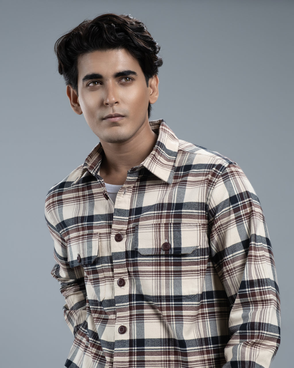 Men's Long Sleeve Classic Curve Overshirt (Ecru Timber Stripe)