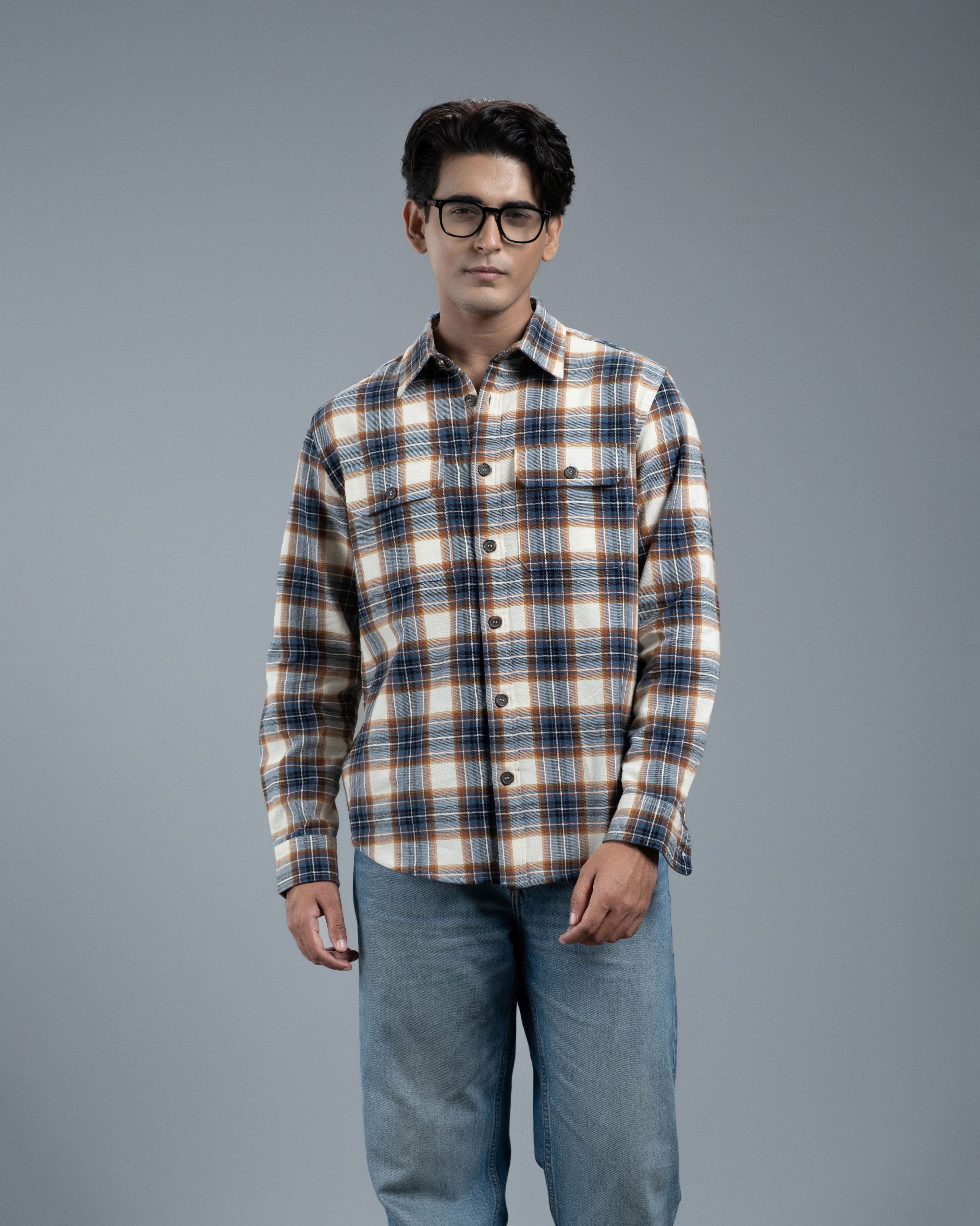 Men's Long Sleeve Classic Curve Overshirt (Ecru Forest Stripe)