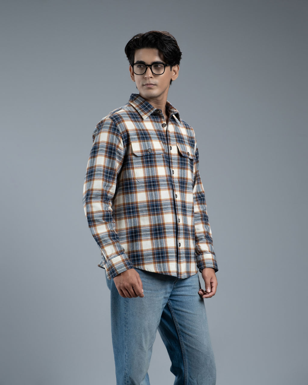 Men's Long Sleeve Classic Curve Overshirt (Ecru Forest Stripe)