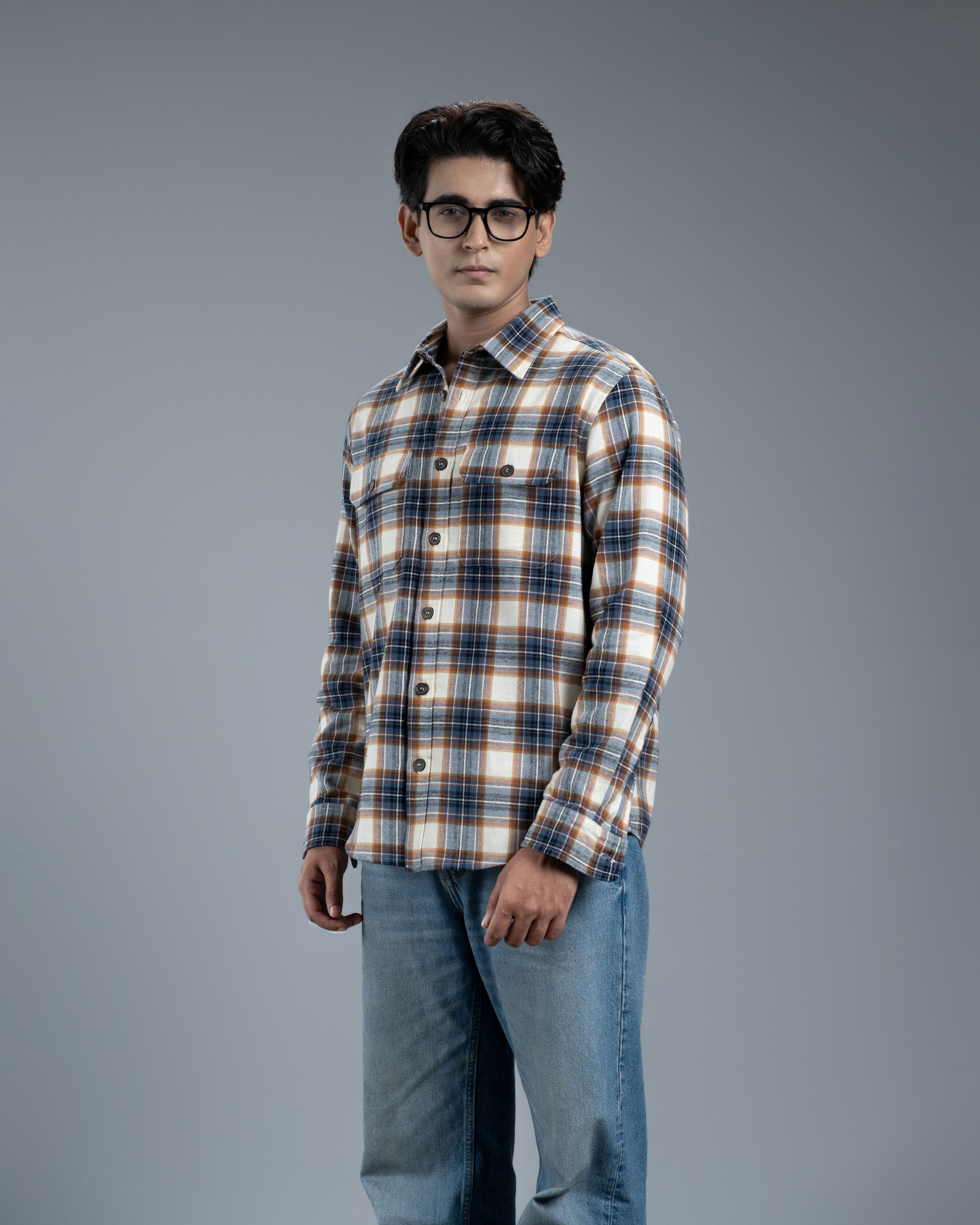 Men's Long Sleeve Classic Curve Overshirt (Ecru Forest Stripe)