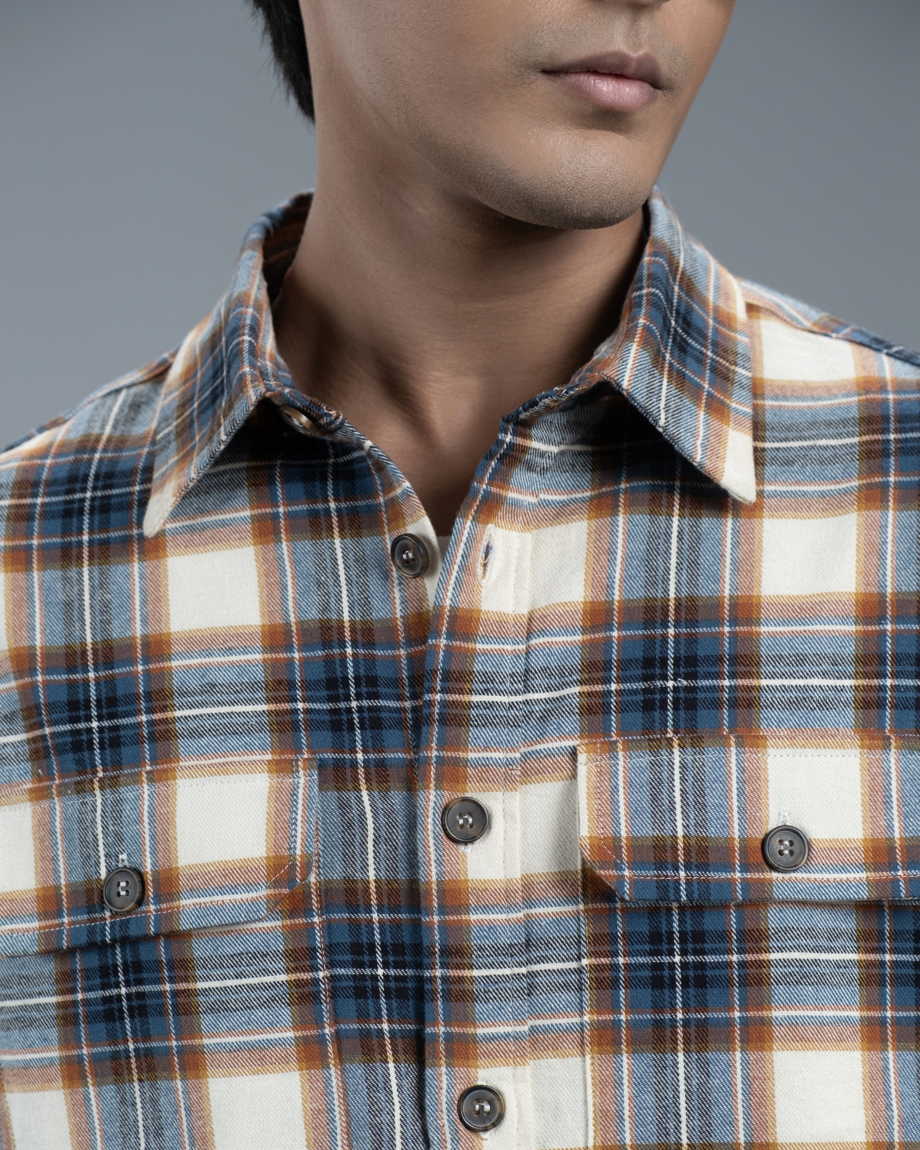 Men's Long Sleeve Classic Curve Overshirt (Ecru Forest Stripe)