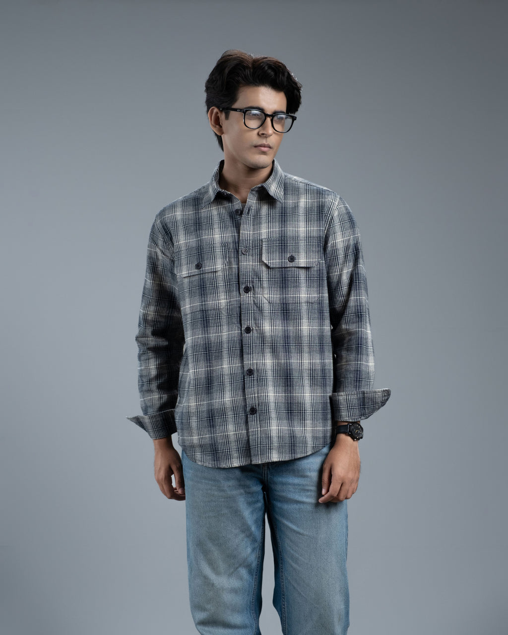 Men's Long Sleeve Classic Curve Overshirt (Navy Glacier Stripe)