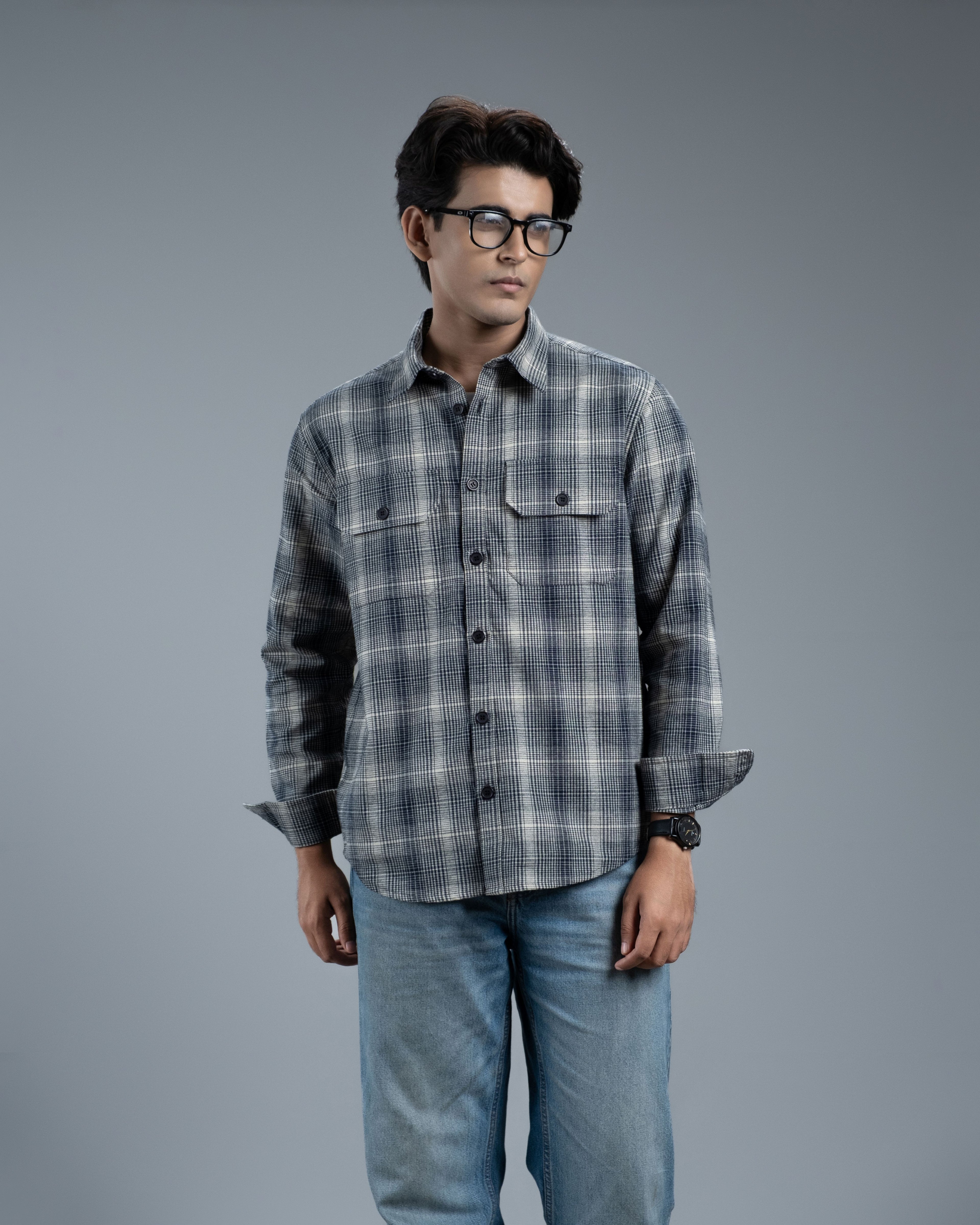 Men's Long Sleeve Classic Curve Overshirt (Navy Glacier Stripe)