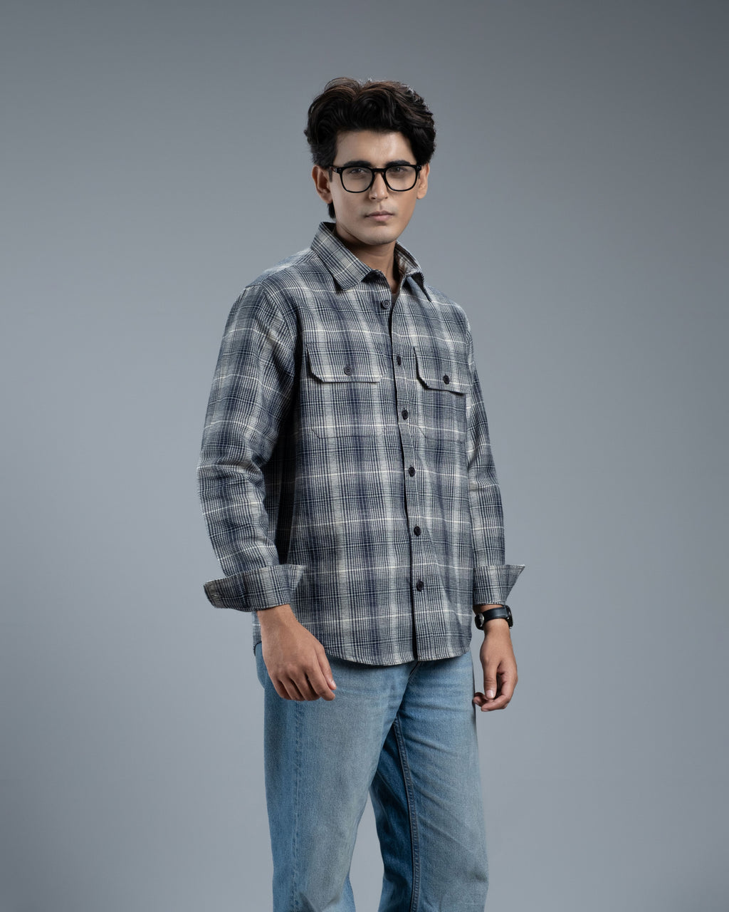 Men's Long Sleeve Classic Curve Overshirt (Navy Glacier Stripe)