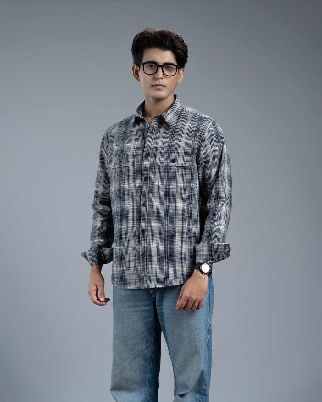 Men's Long Sleeve Classic Curve Overshirt (Navy Glacier Stripe)