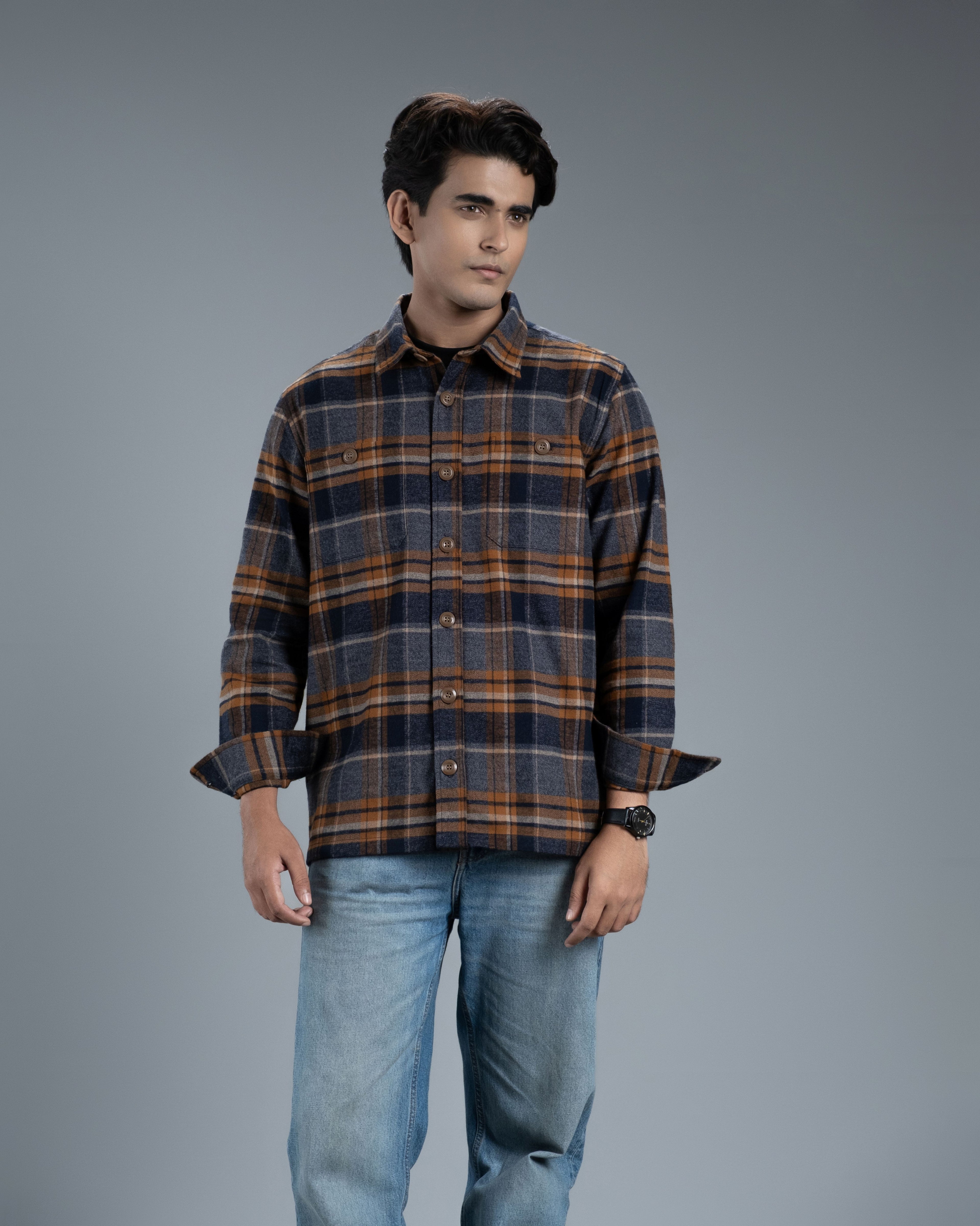 Men’s Long Sleeve Urban Straight Shacket (Mustard Navy Stripe)