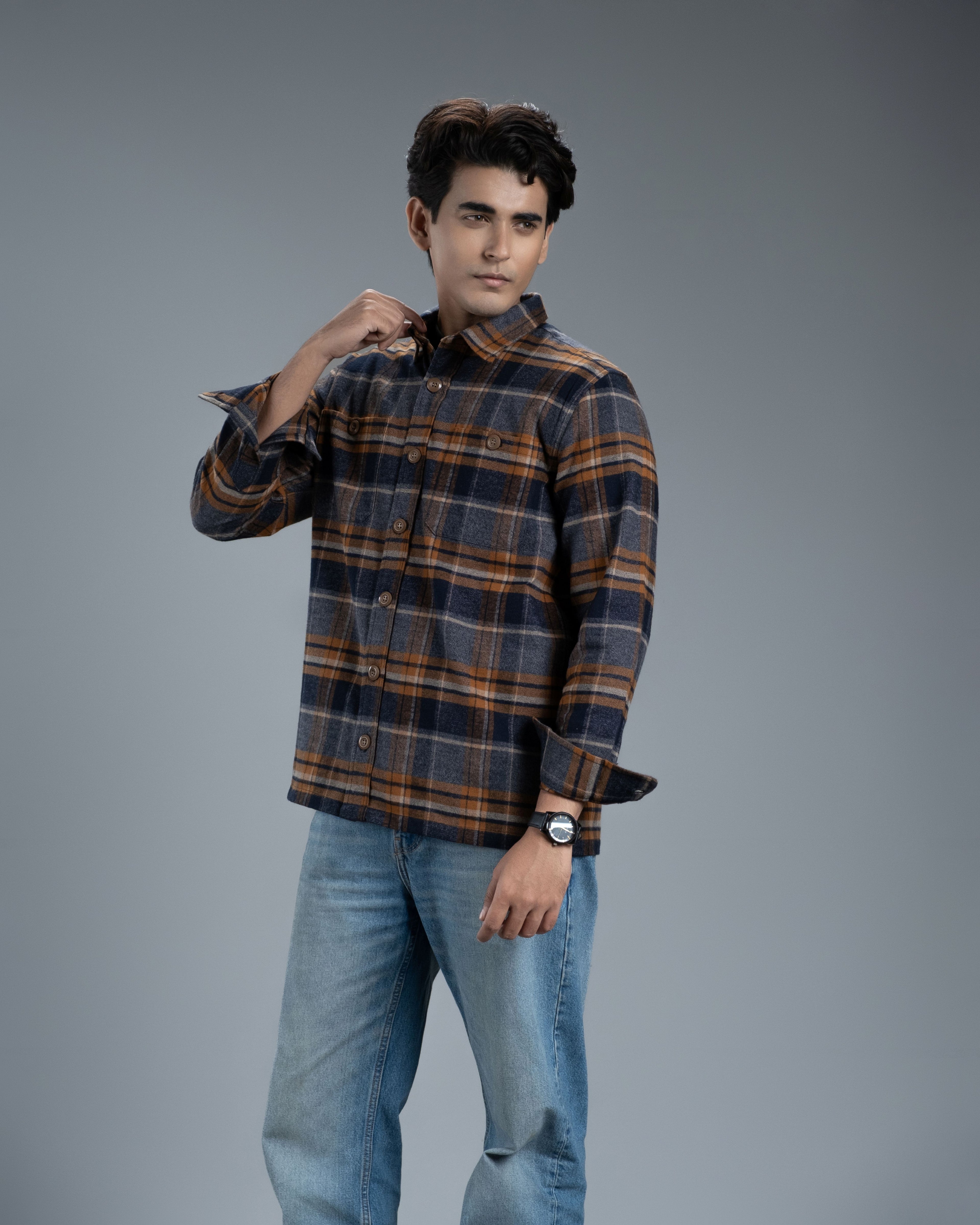 Men’s Long Sleeve Urban Straight Shacket (Mustard Navy Stripe)