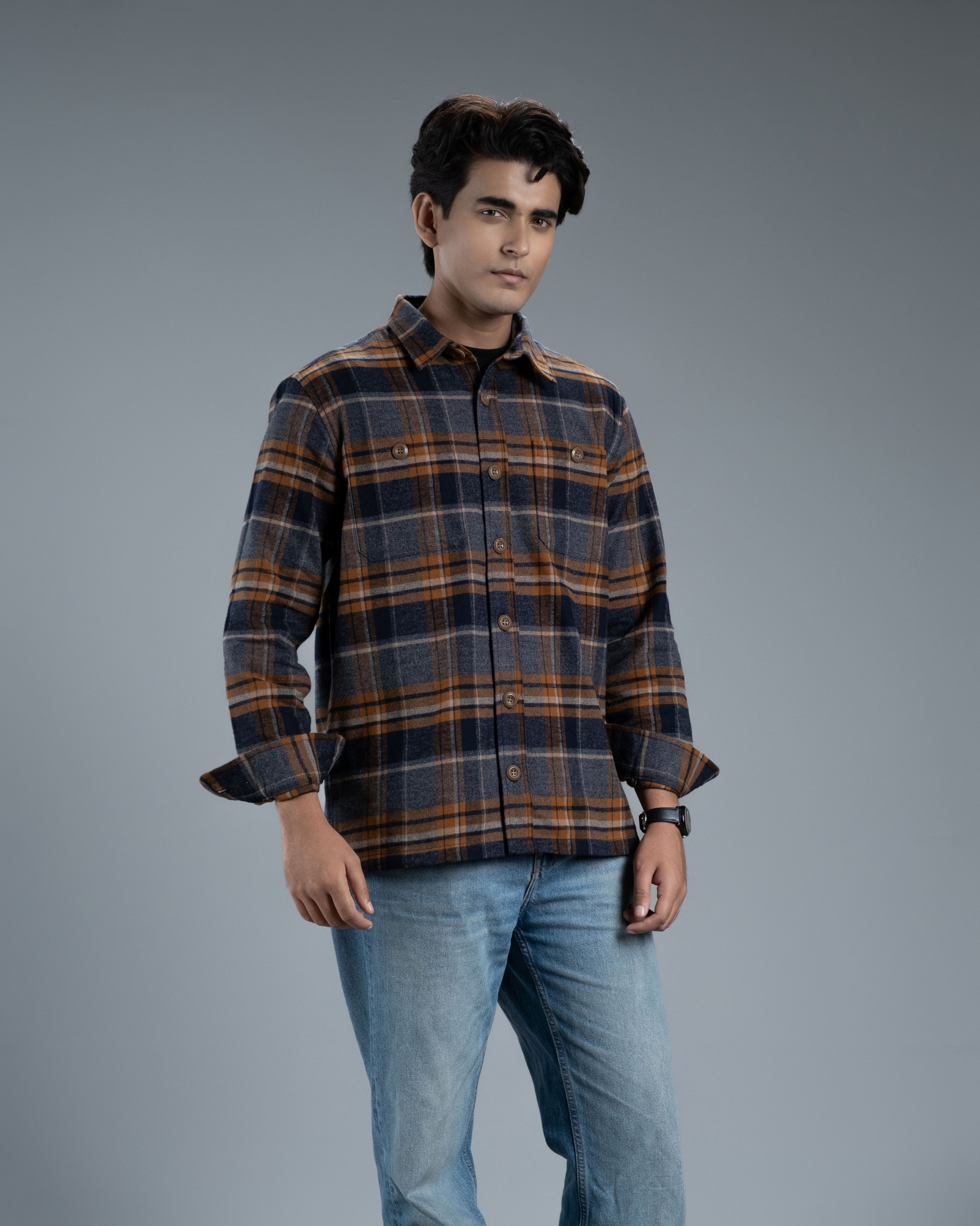 Men’s Long Sleeve Urban Straight Shacket (Mustard Navy Stripe)