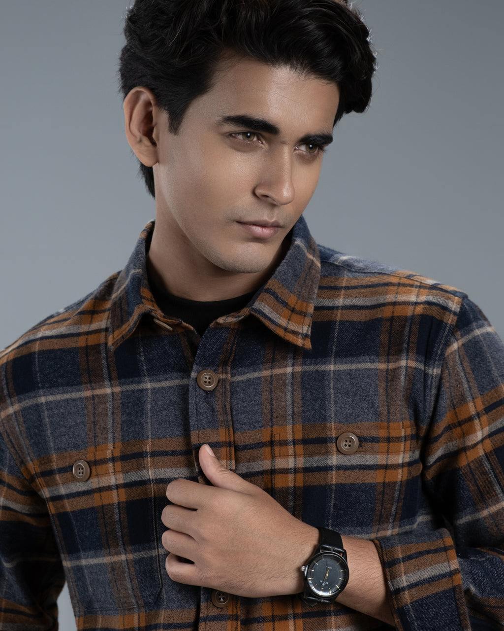 Men’s Long Sleeve Urban Straight Shacket (Mustard Navy Stripe)