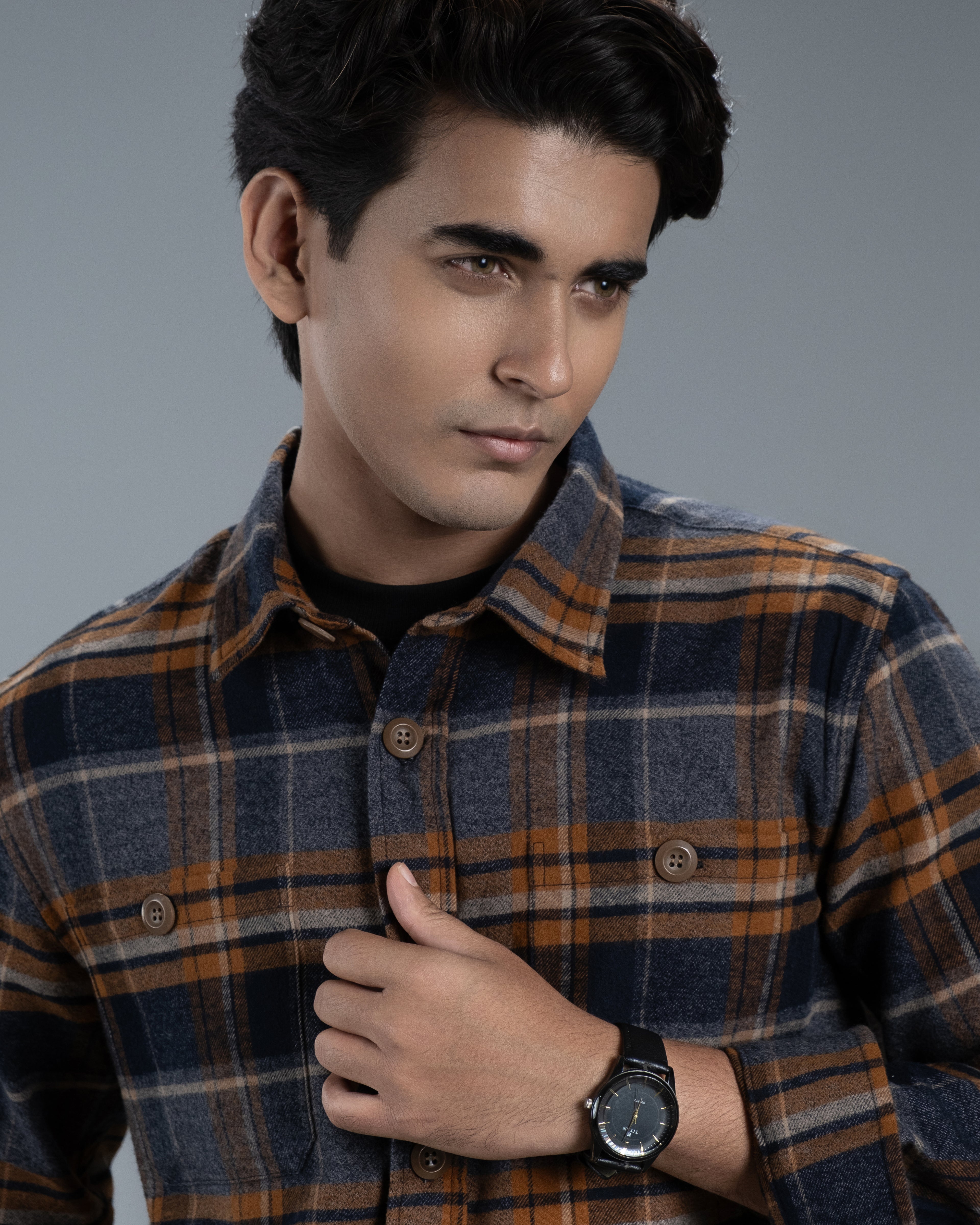 Men’s Long Sleeve Urban Straight Shacket (Mustard Navy Stripe)