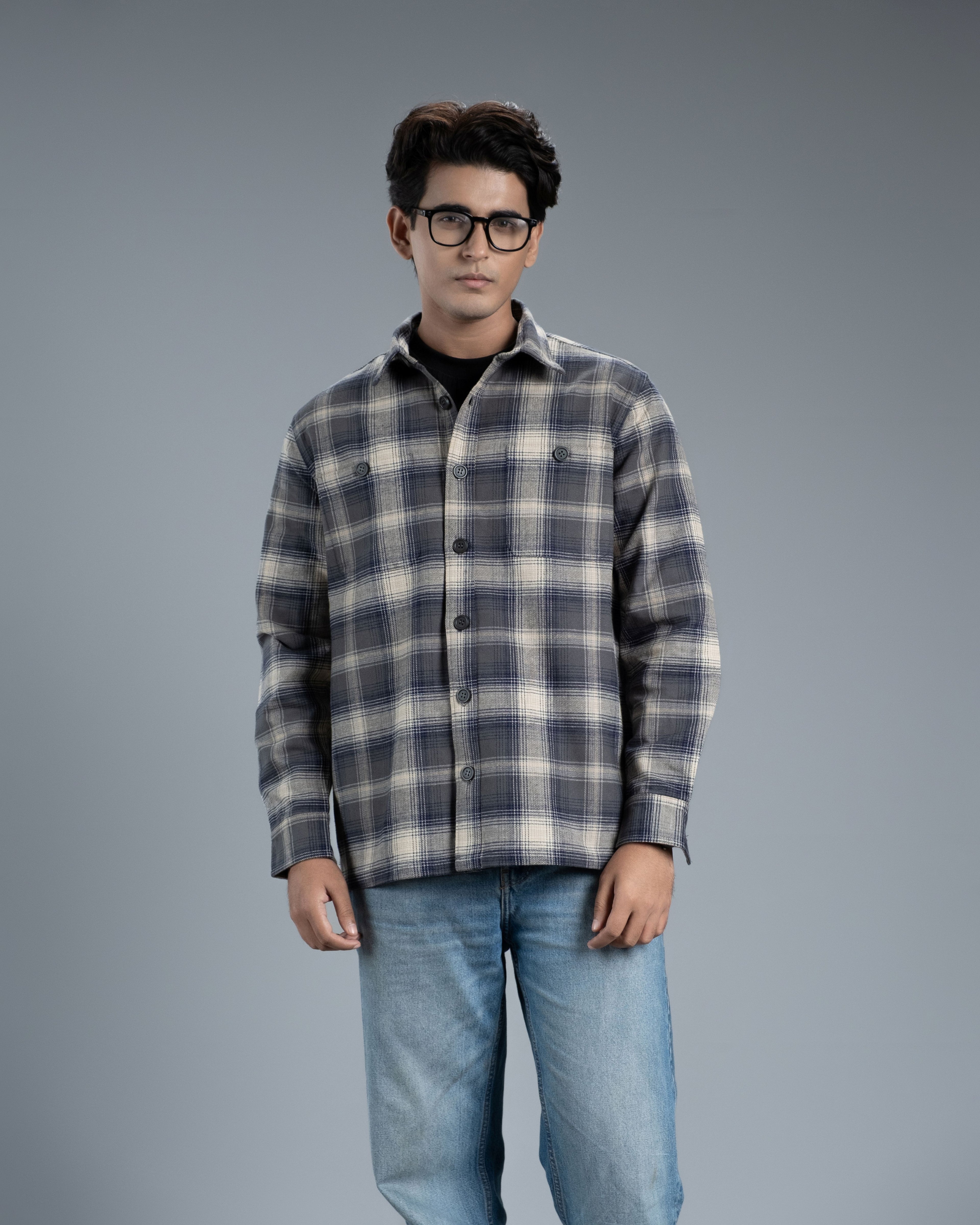 Men’s Long Sleeve Urban Straight Shacket (Slate Blue Urban Stripe)