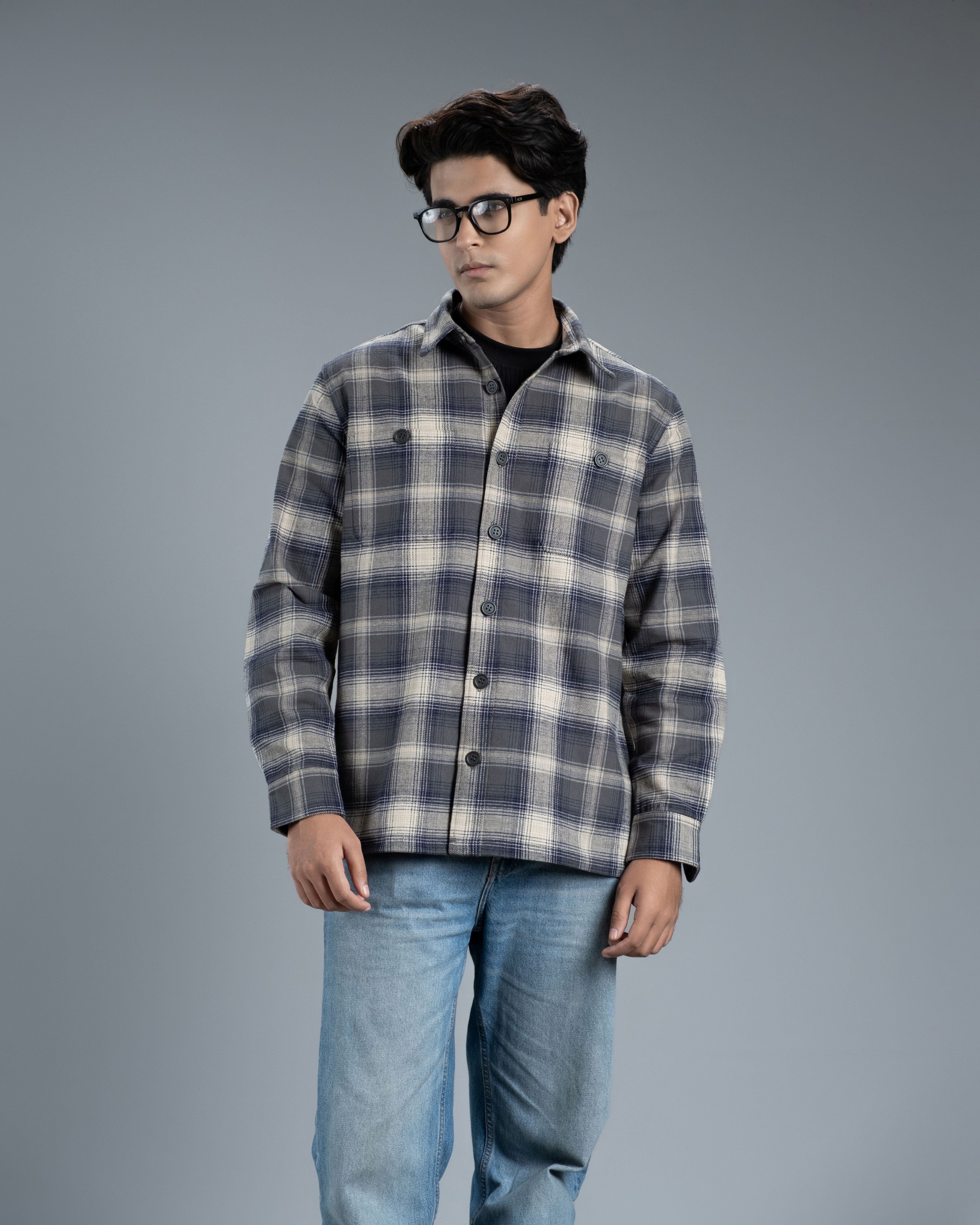 Men’s Long Sleeve Urban Straight Shacket (Slate Blue Urban Stripe)