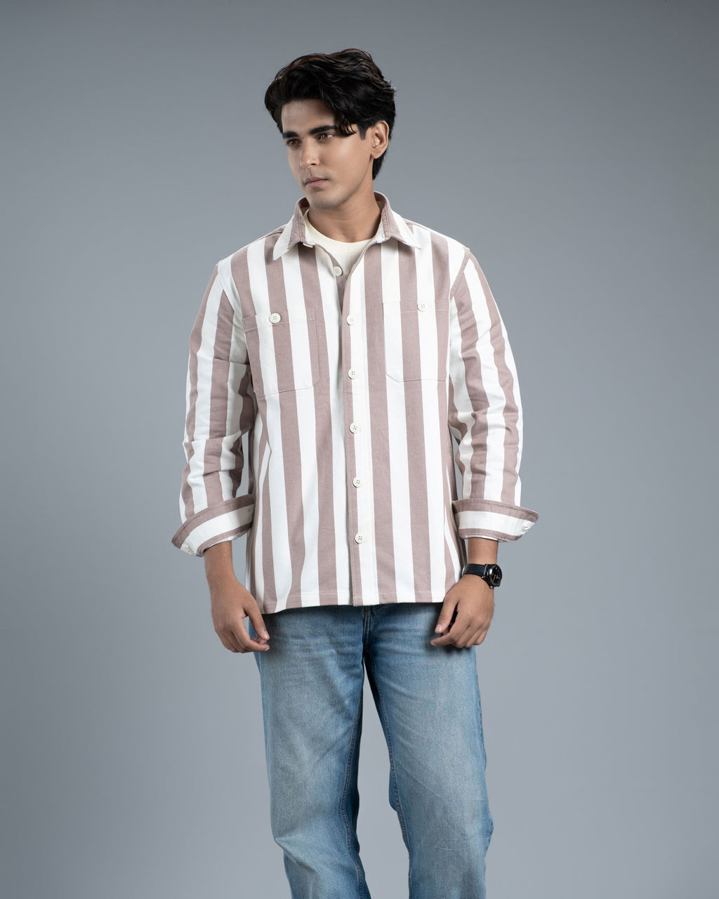 Men’s Long Sleeve Urban Straight Shacket (Cocoa Urban Stripe)