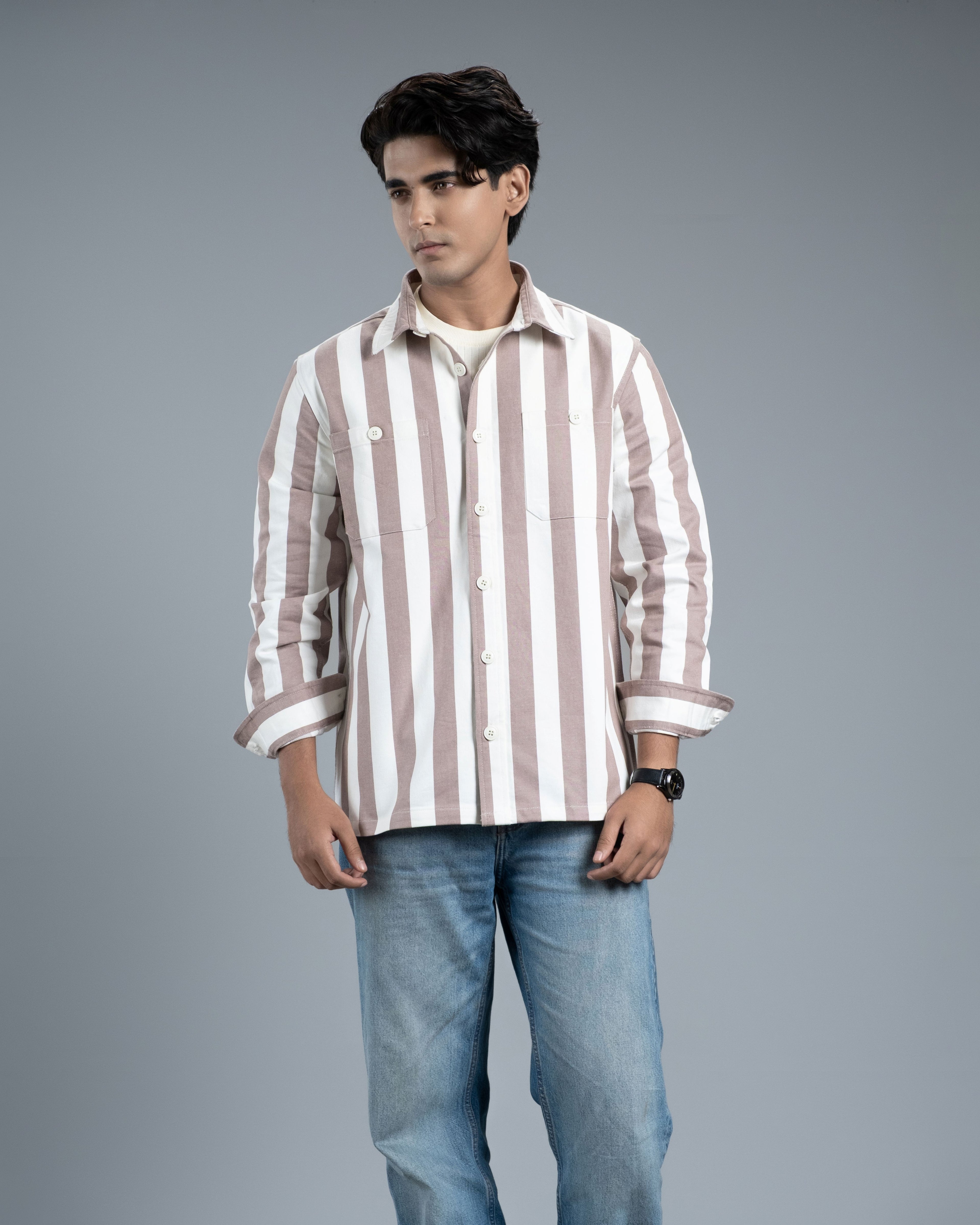 Men’s Long Sleeve Urban Straight Shacket (Cocoa Urban Stripe)