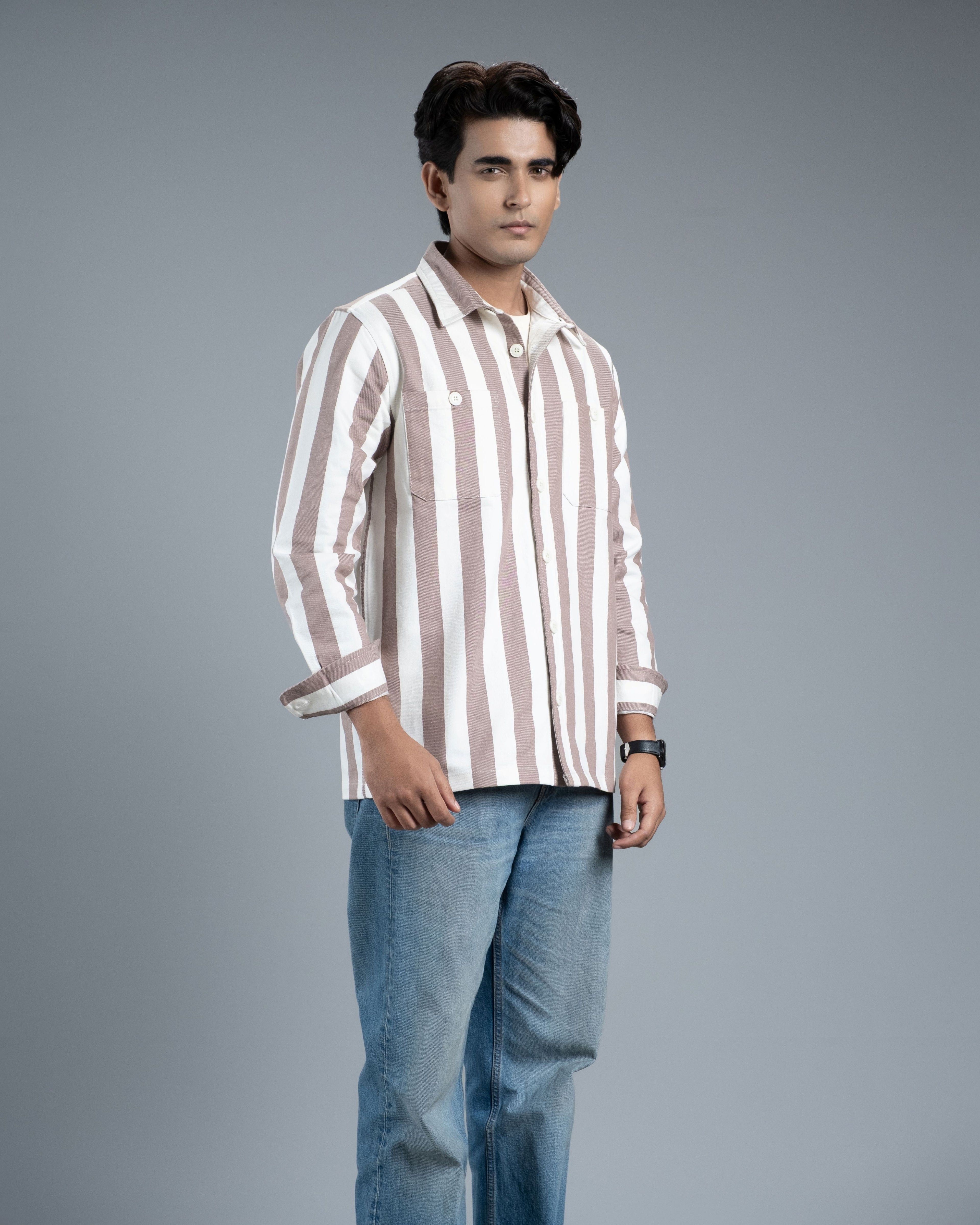 Men’s Long Sleeve Urban Straight Shacket (Cocoa Urban Stripe)