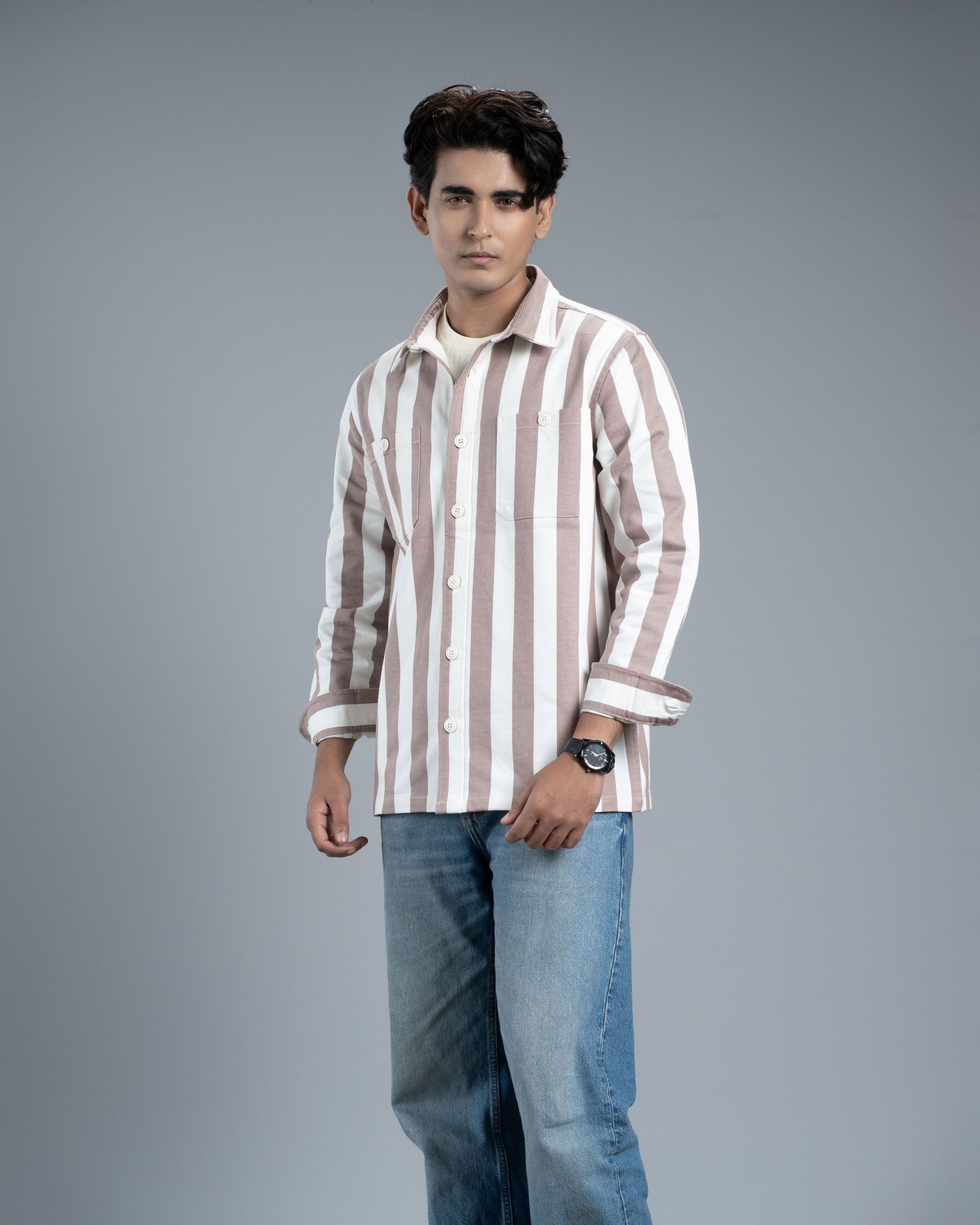 Men’s Long Sleeve Urban Straight Shacket (Cocoa Urban Stripe)