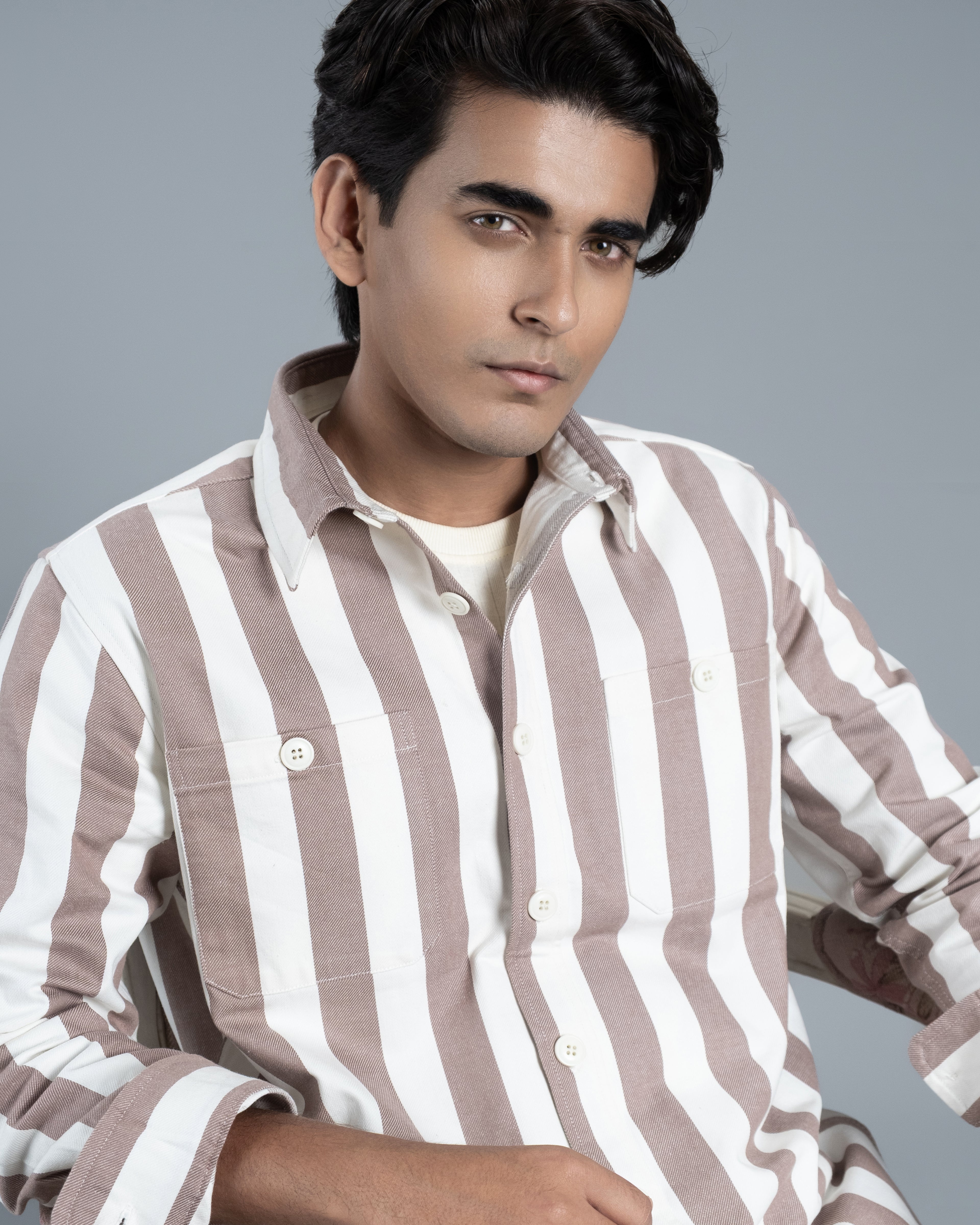 Men’s Long Sleeve Urban Straight Shacket (Cocoa Urban Stripe)