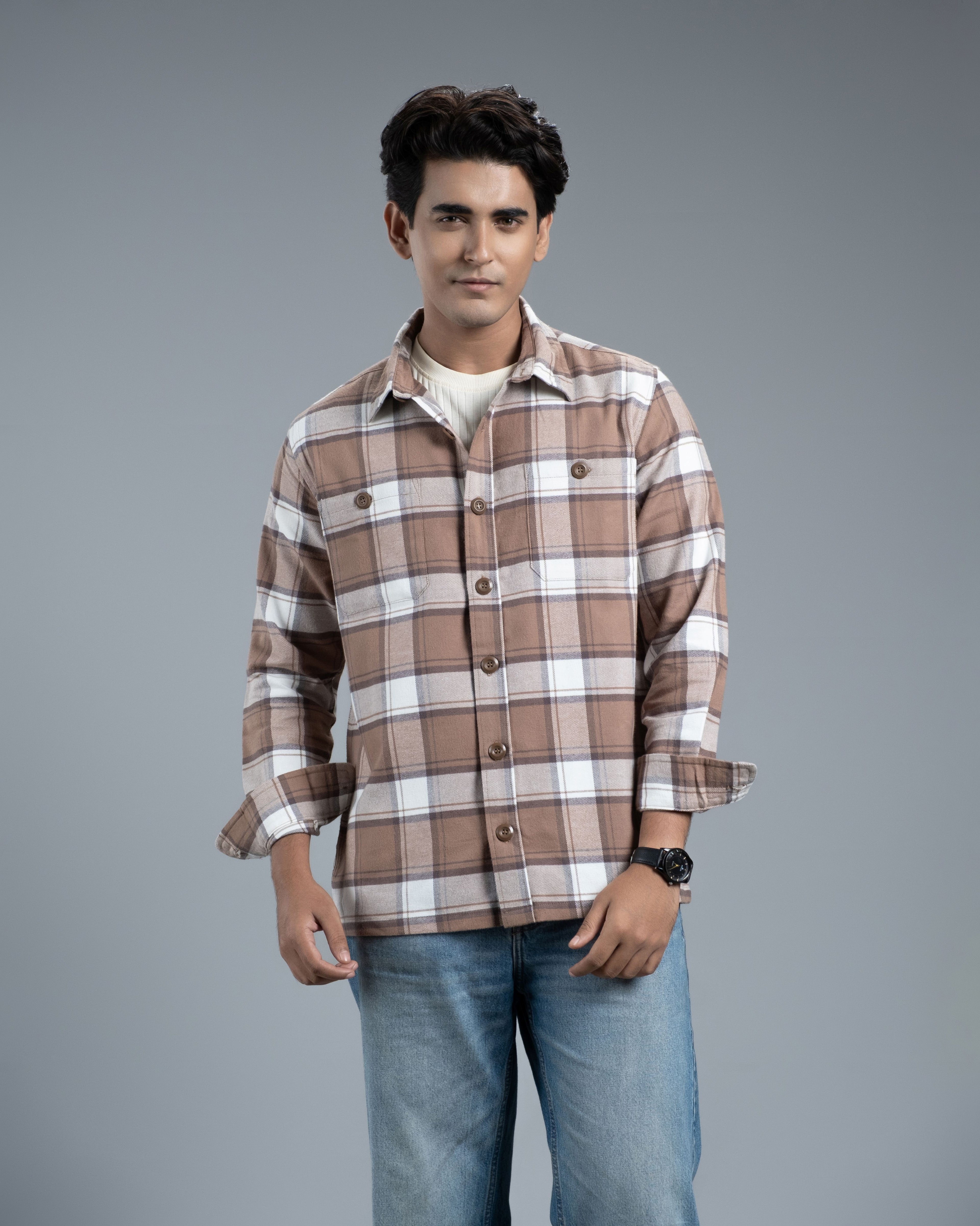 Men’s Long Sleeve Urban Straight Shacket (Brown Mocha Stripe)