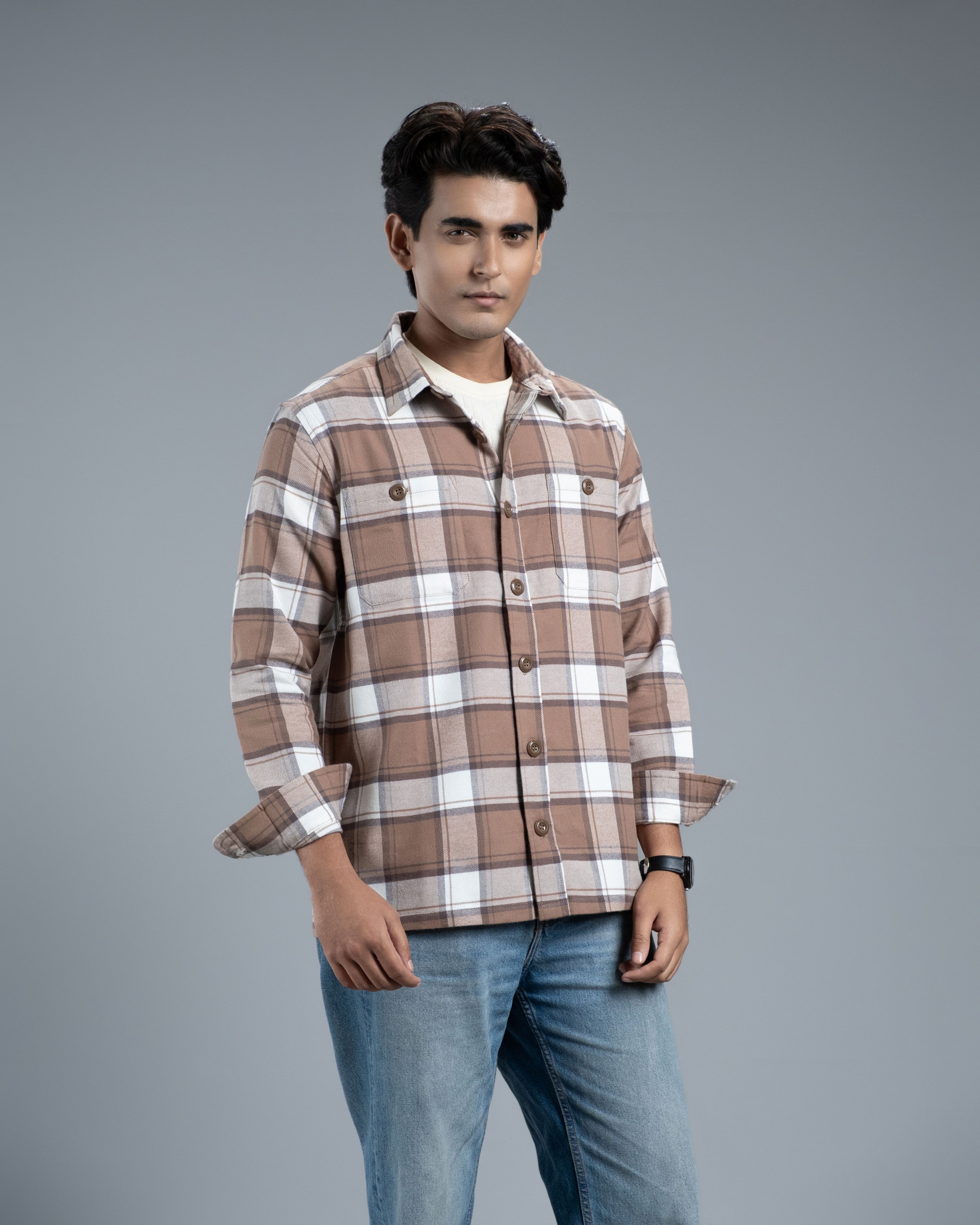 Men’s Long Sleeve Urban Straight Shacket (Brown Mocha Stripe)