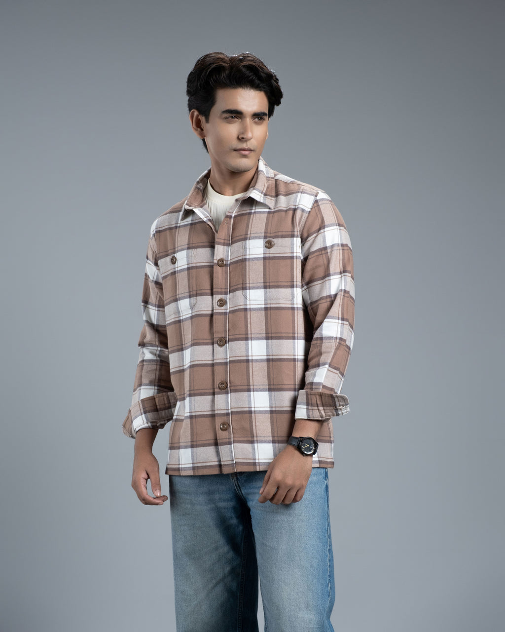 Men’s Long Sleeve Urban Straight Shacket (Brown Mocha Stripe)