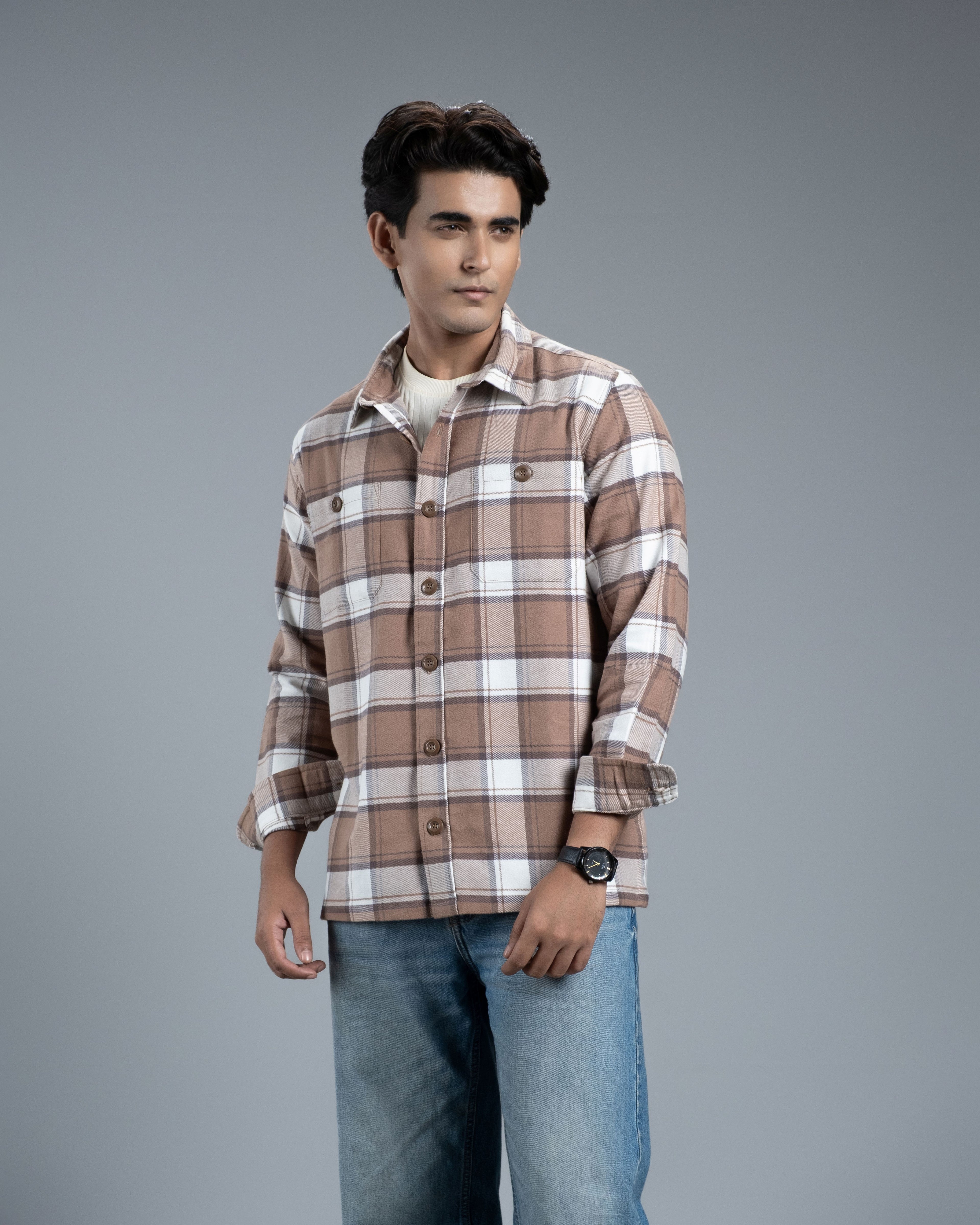 Men’s Long Sleeve Urban Straight Shacket (Brown Mocha Stripe)