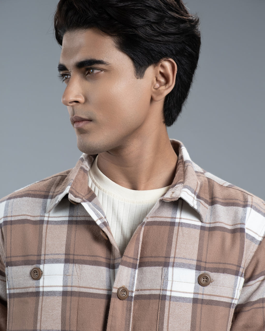 Men’s Long Sleeve Urban Straight Shacket (Brown Mocha Stripe)