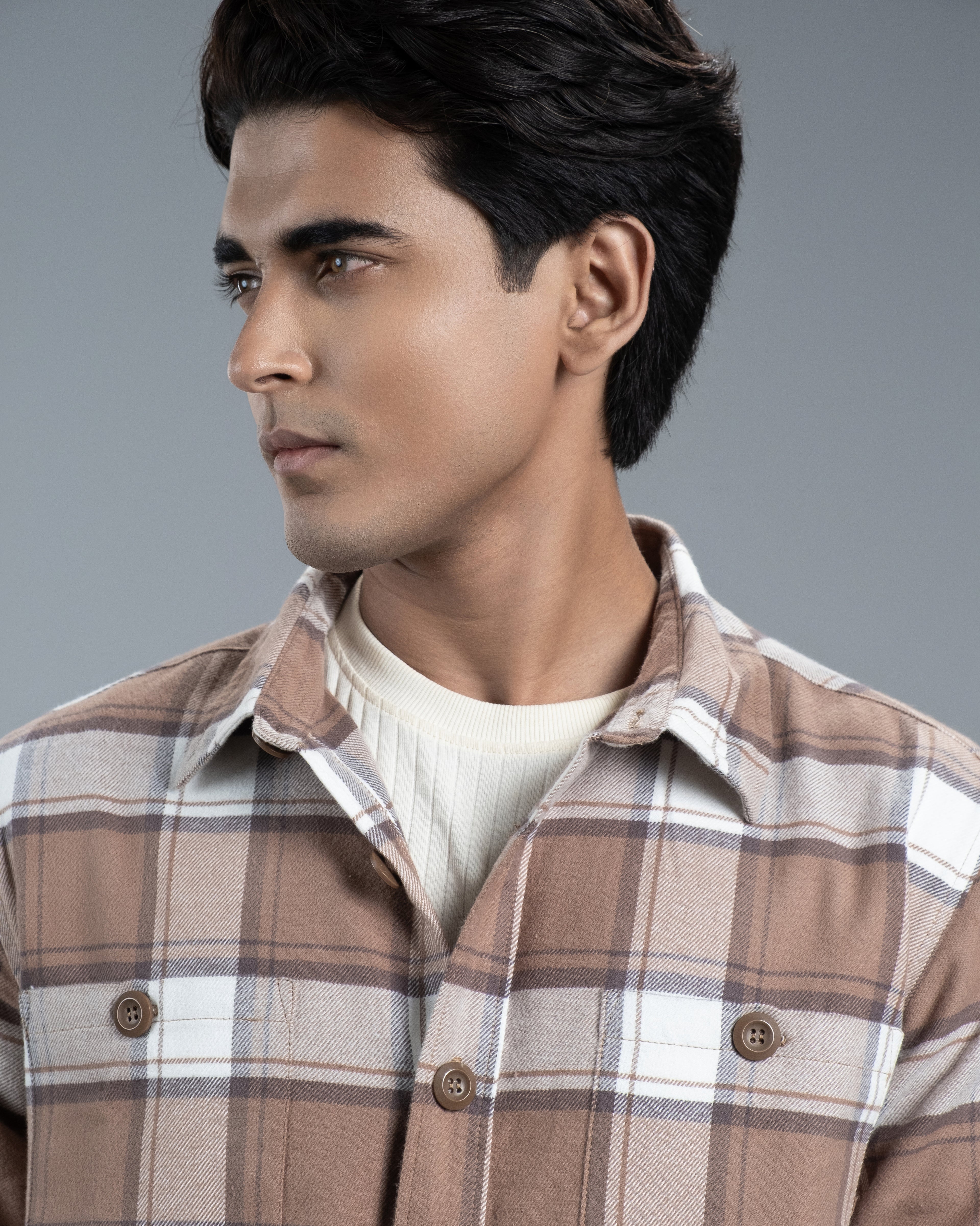 Men’s Long Sleeve Urban Straight Shacket (Brown Mocha Stripe)