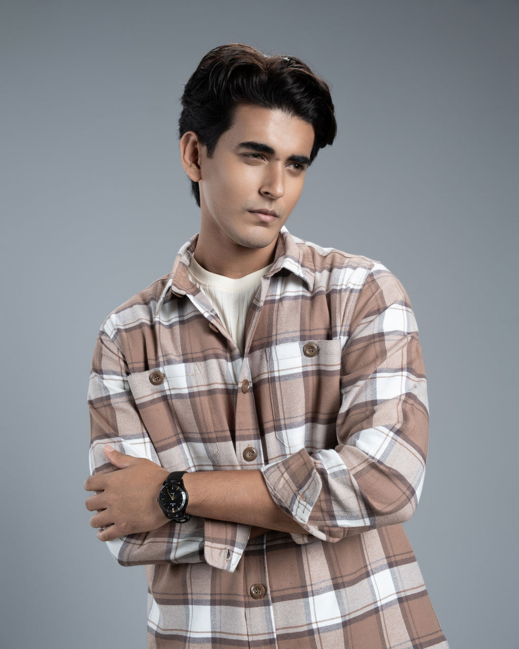 Men’s Long Sleeve Urban Straight Shacket (Brown Mocha Stripe)