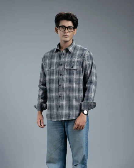 Men's Long Sleeve Classic Curve Overshirt (Navy Glacier Stripe)